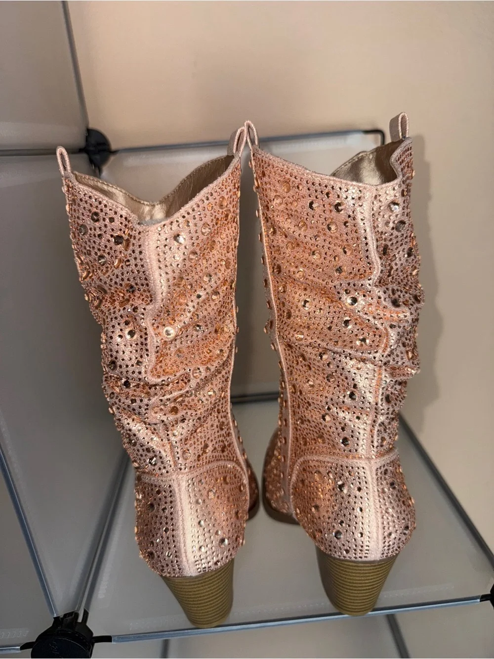 Forever Women's Rose Gold Rhinestone Western Cowgirl Block Heel Boots Size 5.5